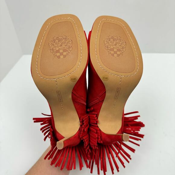 NEW Vince Camuto Amenala Bright Red Faux Suede Western Fringe Peep Toe Bootie - Picture 14 of 14